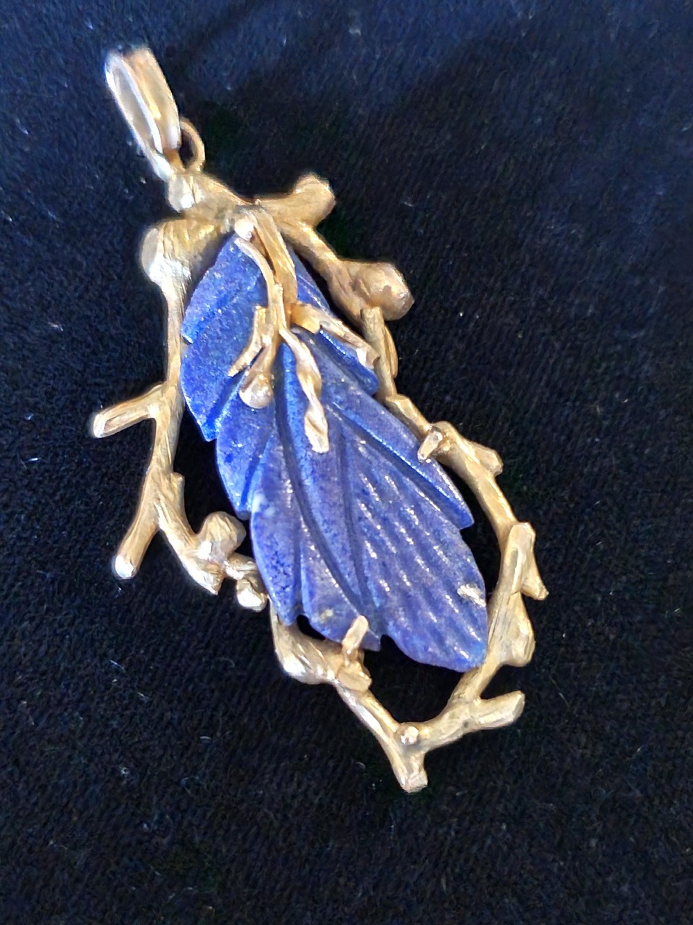 Brutalist Sterling Plated Carved Sodalite Leaf and Twig Branch Pendant Stone